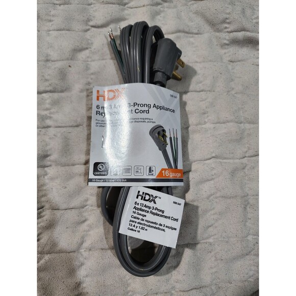 HDX Extension Cord 6 Ft 13 Amp 3 Prong Appliance Replacement Indoor PVC Gray New - Picture 1 of 5